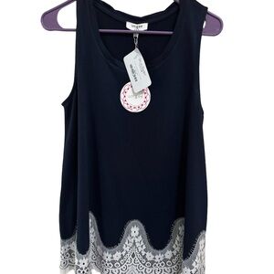 Navy Blue with White Lace Sleeveless Top Size Small